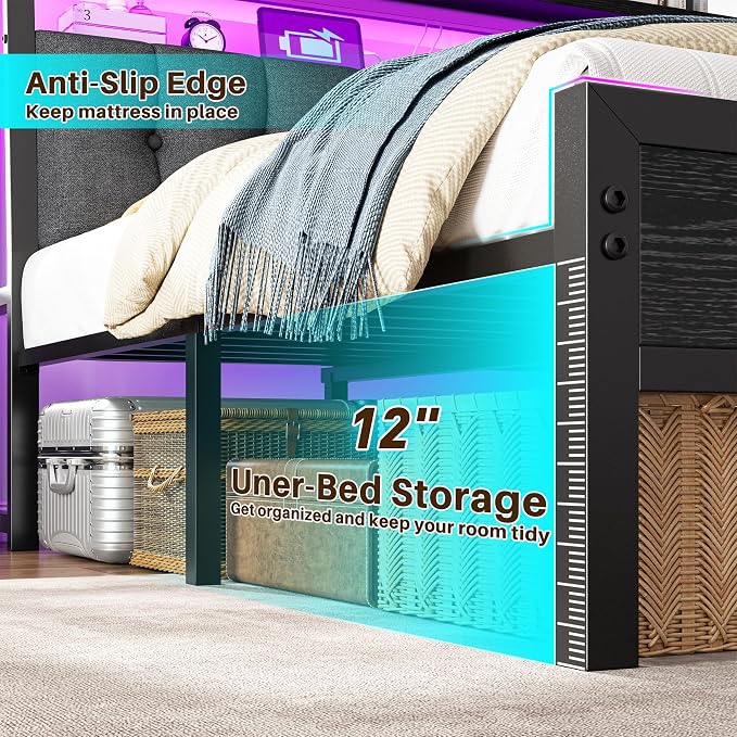 Homkdom Full Bed Frame,Upholstered Storage Headboard,Charging Station,Black | LED Lights, 12" Under-Bed Storage, 2 Three-prong Outlet&2 USB, Noise-Free, Quick Assembly, Supports up to 900 lbs