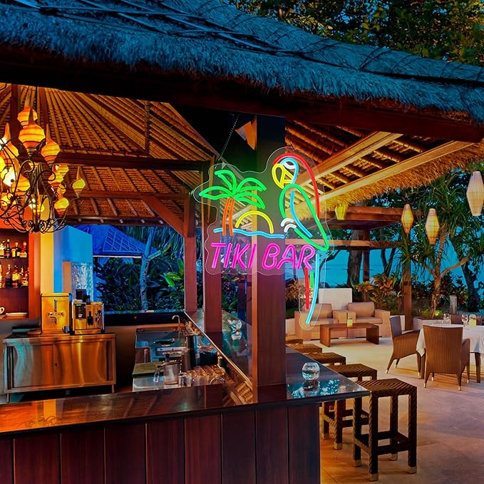 ZODZ Tiki Bar Parrot Neon Light Sign for Wall Décor Hawaii Pool Tiki Bar Party Dimmable Switch LED Lights with USB Powered for Man Cave Decor Gift.