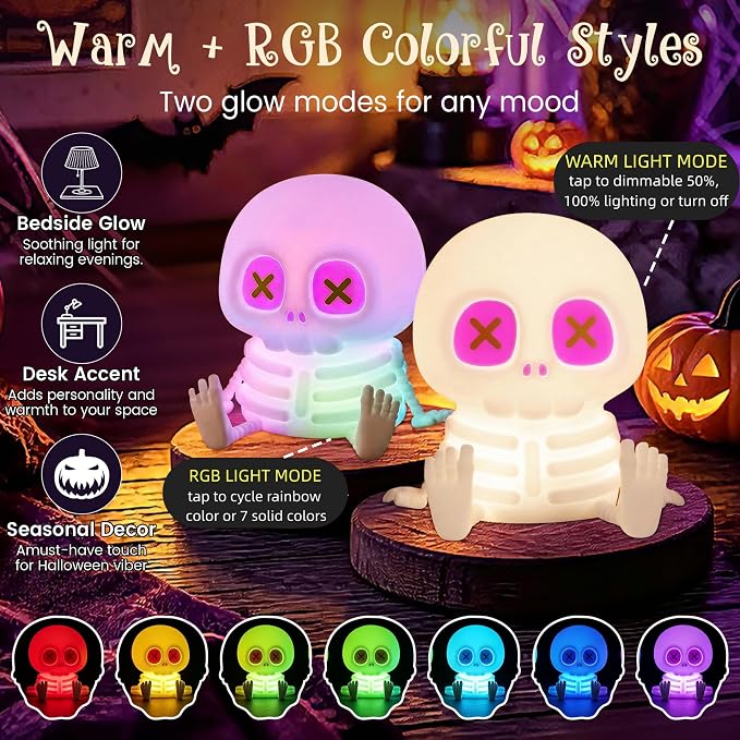 YR YRHH-PET Skeleton Lamp, Skull Halloween Decor Gift, Kids Night Light Toy | 8 Colors, Safe Silicone, Cool Cute Dimmable Indoor Decor, Squishy Lamp For Office Nursery College, Women Summerween Home Gift