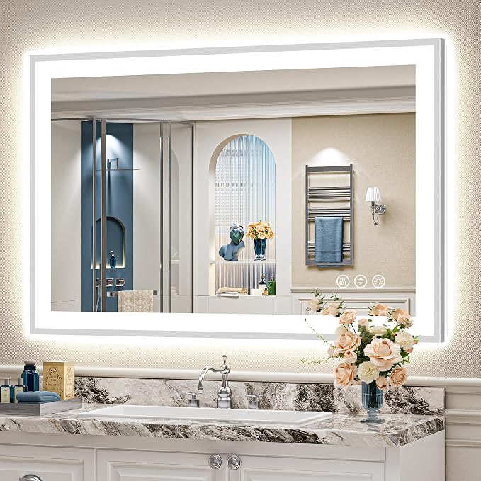 48x32 Inch Brushed Nickel LED Bathroom Mirror, Backlit & Front Lit | Silver Framed Anti-Fog Lighted Vanity Mirror with Lights, 3 Color Dimmable, Memory, HD Tempered Glass, CRI95, IP54, UL Listed