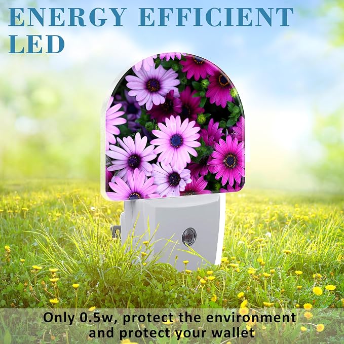 Beautiful Purple and Pink Flowers Night Light Plug into Wall with Dusk to Dawn Sensor Cute Nightlight for Kid Girls Boys Women Men Room Decor, Hallway, Kitchen, Bathroom, Nursery, Stairs