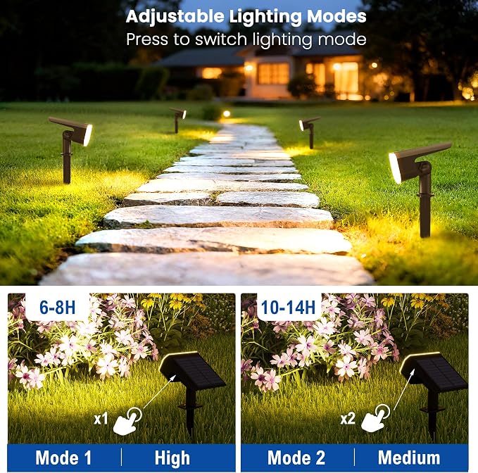 JEJOT Solar Lights Outdoor Waterproof IP65, Super Bright LED with Lens, 3000K 2 Lighting Modes, Solar Powered Yard Garden Solar Spot Lights for Outside Landscape Auto On/Off -6 Pack