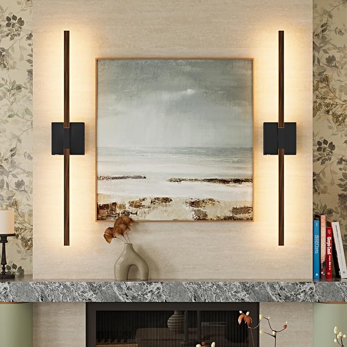 Rayogale Black Walnut Rechargeable Wall Sconce with Remote Control, 24 Inch | 3000/4500/6000K Dimmable 8000mAh Wireless Battery Operated Wall Sconces Set of Two with Timer for Living Room, Bedroom