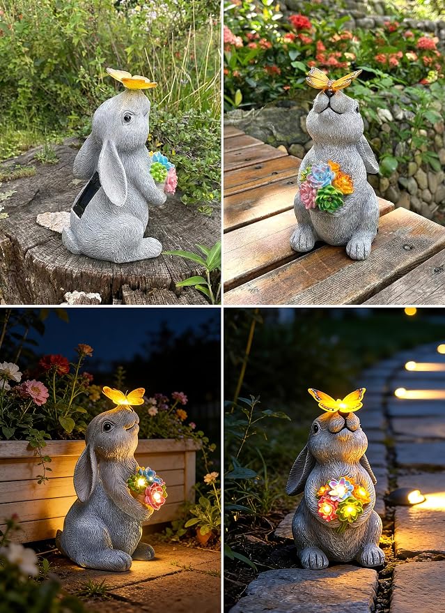 Brightown-Solar-Rabbit-Garden-Decor-Statue with 6 LED Lights, Hand-Painted Resin, IP65 Waterproof Outdoor Decor for Patio, Lawn & Yard Decorations, Unique Mothers Day Gifts for Mom Women