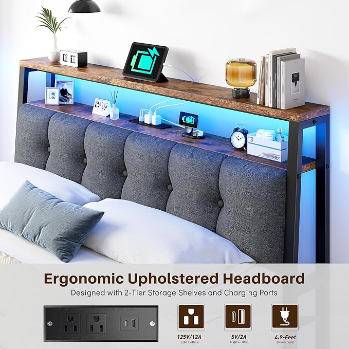 Homkdom Queen Bed Frame with Storage Headboard & Charging Station | Linen Upholstery, 2-Tier Shelf, 2 AC Outlets, Type-C, RGB LED Remote, 12in Underbed Clearance, 1000 lbs, No Box Spring, Brown