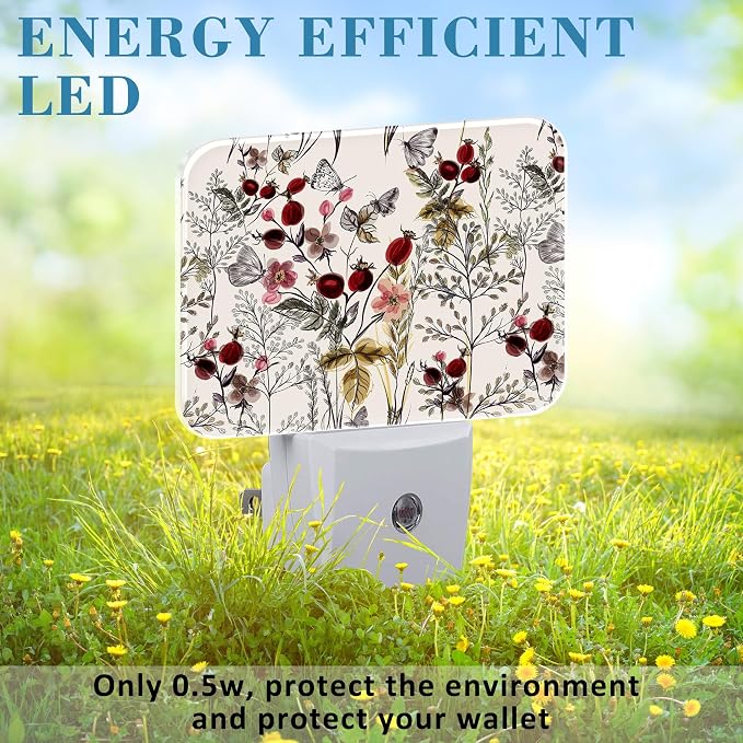 Vintage Flowers Plants Night Light, Butterfly Nightlight Plug into Wall with Dusk to Dawn Sensor for Kid Girls Boys Women Men Bedroom, Hallway, Kitchen, Bathroom, Stairs Decor