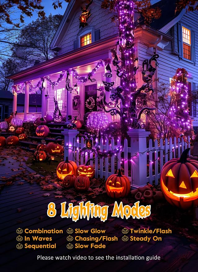 240 LED Solar Halloween Lights Outdoor Waterproof IP65, 20FT 8 Light Modes | Halloween Solar Lights Outdoor Solar Halloween String Lights Outdoor Twinkle Fairy Light Garland Decorations, Purple