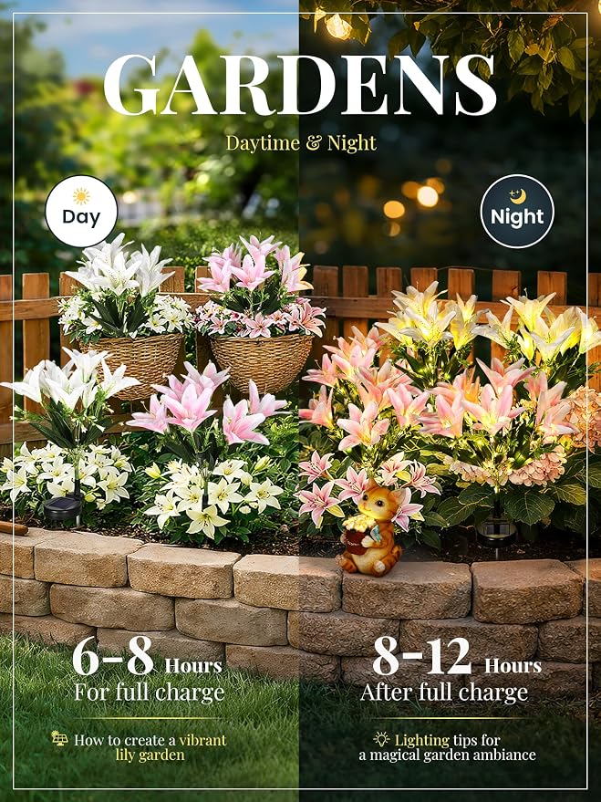 GIGALUMI Solar Garden Lights, 2 Pack LED Lily Solar Flower Lights Outdoor | Garden Decor Carefree Artificial Flowers Lily, 3 Lighting Mode, Yard Decorations Outdoor, Gardening Gifts (1White,1Pink)