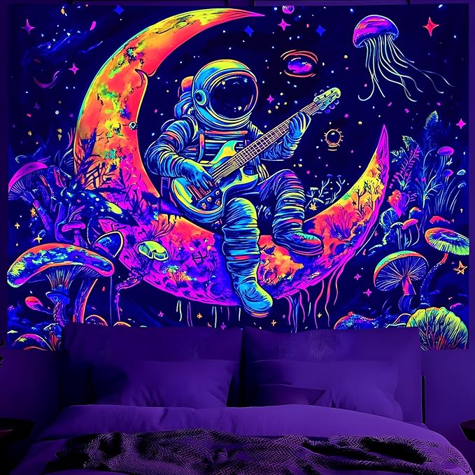 BVBOX Blacklight Space Astronaut Tapestry UV Reactive Galaxy Planet Glow in Dark Tapestries Black Light Poster Neon Wall Hanging Art for bedroom Living Room (Astronaut & Guitar-3M)