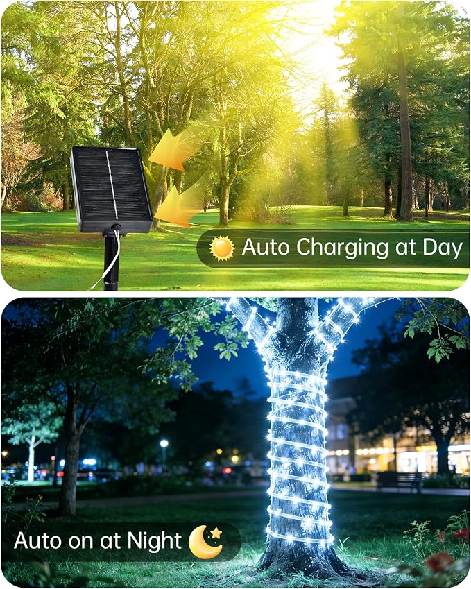 MERRIMAX M Solar Rope Lights Outdoor, 72FT 200LED Solar String Lights with 8 Lighting Modes, Waterproof Solar Powered Fairy Lights for Party Garden Yard Home Holiday Tree Decoration, Pure White