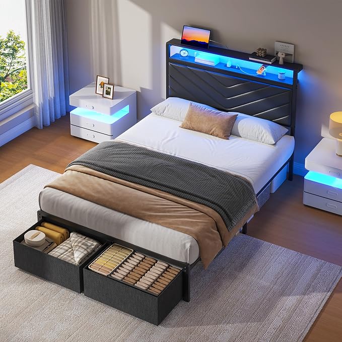 Fluest Twin Bed Frame with Storage Drawers, Upholstered Headboard with Charging Station, LED Lights, Fabric Drawers with Wheels, Under Bed Storage, No Box Spring Needed, Easy Assembly, Black