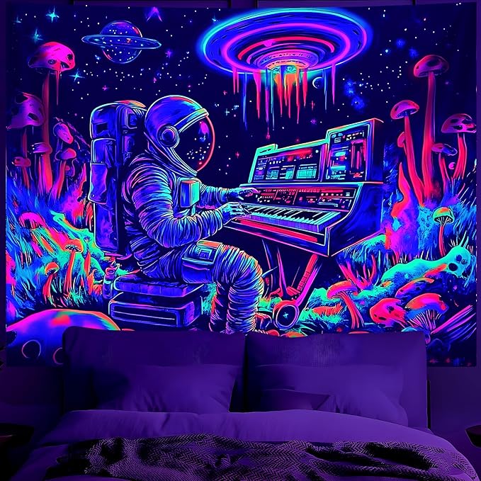 BVBOX Astronaut Space Blacklight Tapestry 59"x51", UV Reactive Astronaut Electronic Piano Universe Galaxy Planet Glow in Dark Music Tapestries, Black Light Neon Upright Poster Wall Hanging Backdrop Decor for Bedroom Living Room