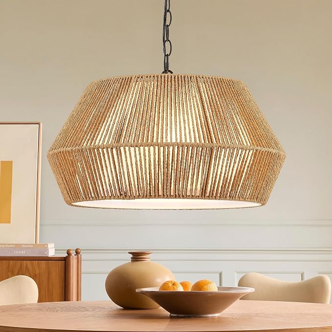 ELYONA Large 4-Lights 20" Rattan Chandelier, Boho Pendant Light Fixtures, Adjustable Japandi Woven Chandelier for Dining Room with Fabric Shade, Rustic Hanging Light for Kitchen Island,Living Room