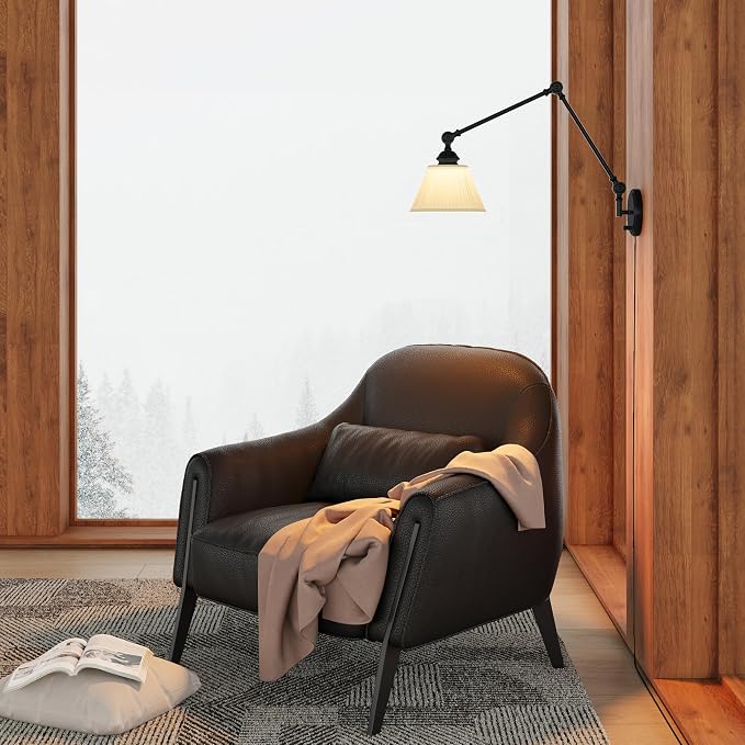 Plug in Wall Sconce, Black Adjustable Swing Arm Wall Lamp, 1 Pack | Fabric Lampshade, Plug-in or Hardwired, E26 Base, 6.6FT Plug-in Cord, Knob Switch, Living room, bedroom, study room, office