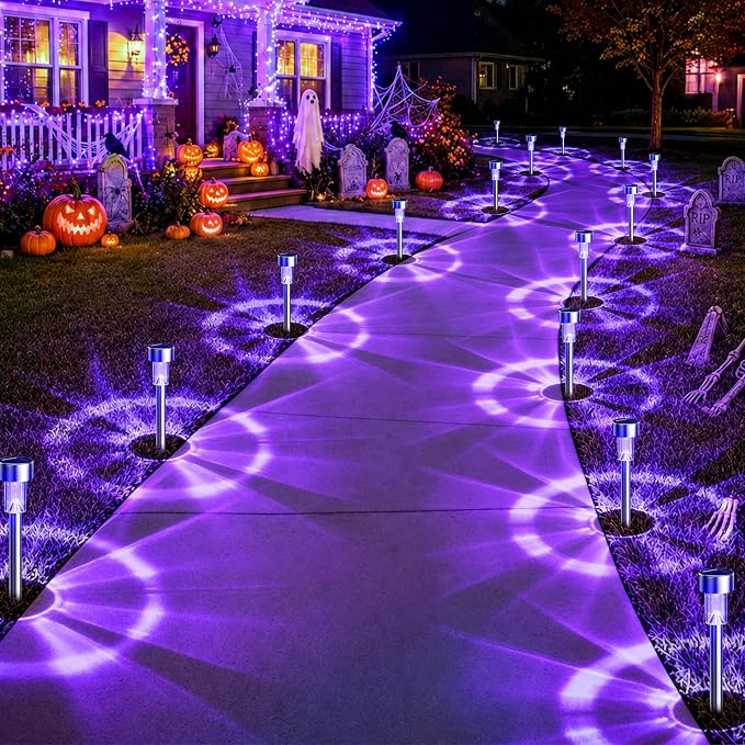 GIGALUMI 24 Pack Purple Solar Halloween Lights,Outdoor Halloween Decoration | Halloween Solar Lights Outdoor Waterproof, Halloween Decor for Yard,Garden,Pathway,Patio,Walkway,Party,Stainless Steel LED