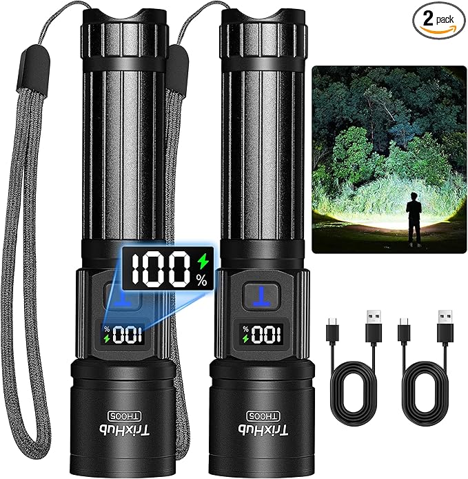 Rechargeable Flashlights 2 Pack, Super Bright High Lumens Flash Light, 5 Modes Zoomable Linternas with LCD Digital Display, Powerful Handheld LED Flashlights for Home Emergencies Camping