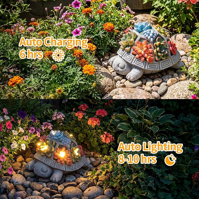 Solar Turtle Garden Outdoor Decor with Succulent & 7 LED Lights – Outside Tortoise Statue Decor for Yard Patio Balcony & Backyard - Home House Decoration Art - Gift for Men Dad Women Mom