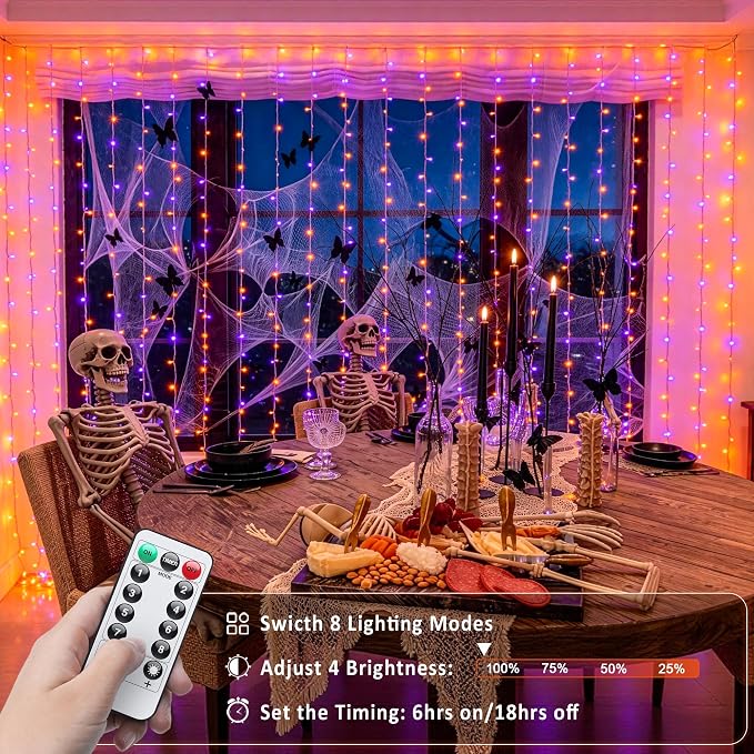 JMEXSUSS 200 LED USB Plug in Orange and Purple Halloween Lights | 6.5ft x 6.5ft, 8 Modes Curtain Halloween Lights with Remote, Curtain String Lights for Party Bedroom Window Halloween Decor