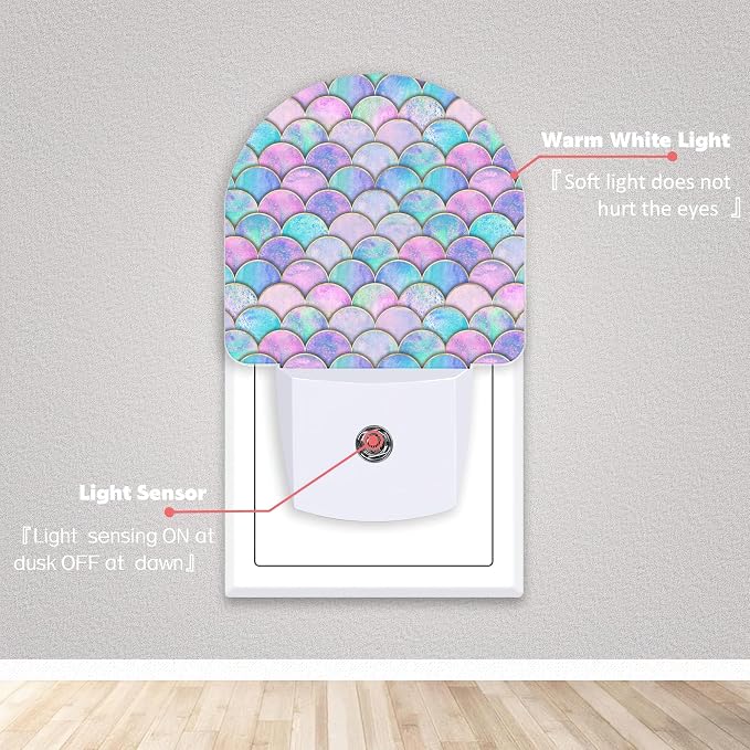 Pink Mermaid Fish Scales Night Lights Plug into Wall for Girls Boys Room,Night Light LED Lamp Dusk to Dawn Sensor Round Lamp for Bedroom Bathroom Hallway Home Wall Decor