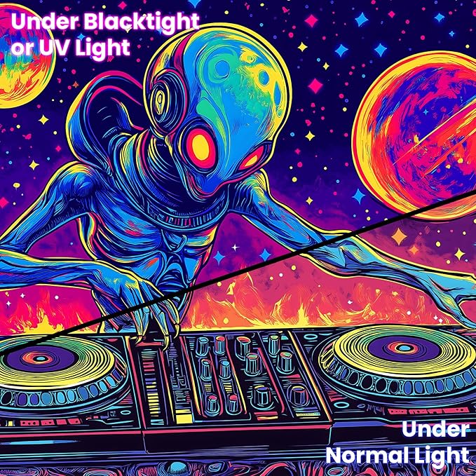 BVBOX Blacklight Space Astronaut Tapestry UV Reactive Galaxy Planet Glow in Dark Tapestries Black Light Poster Neon Wall Hanging Art for bedroom Living Room (Alien1-3M)