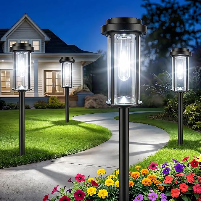 DERAYSION 12 Pack Solar Lights Outdoor, 21" Solar Pathway Lights Outdoor | Waterproof Bright Long-Lasting Auto On/Off Solar Powered Garden Lights for Path, Yard, Walkway, Driveway Decor, Cool White
