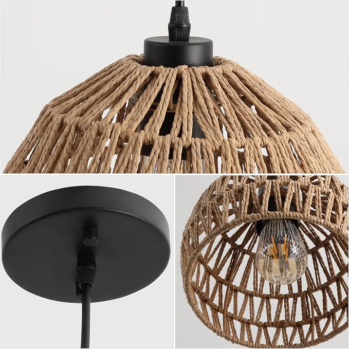 JONATHAN Y Campana 1-Light Pendant Dome Ceiling Lamp, 8.25", Brown | Modern Coastal Farmhouse Decor, Adjustable Height, Woven Rope Metal Frame, LED Bulb Included, UL Listed