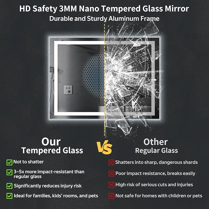 50"x40" LED Bathroom Mirror with Lights, Anti-Fog, Backlit+Frontlit | CRI 95, Stepless Dimmable, 3 Colors Lighting, Shatterproof Tempered Glass, HD Reflection, Memory, (Horizontal/Vertical)