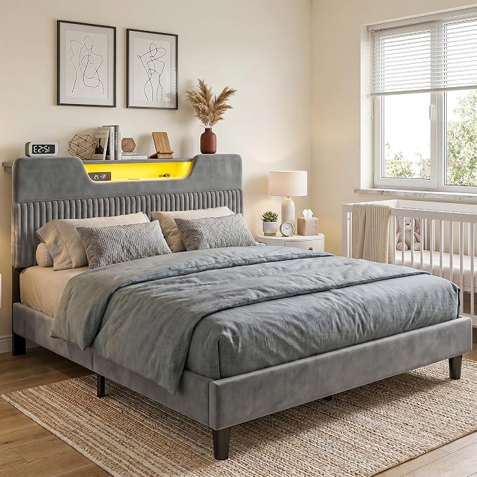 Homkdom Queen Bed Frame with Charging Station & Storage Headboard,Grey | 1USB-C & 2USB-A Charging, RGB LED Lights,7.78" Under-bed Storage,Velvet Upholstered Headboard,No Box Spring,Easy Assembly.