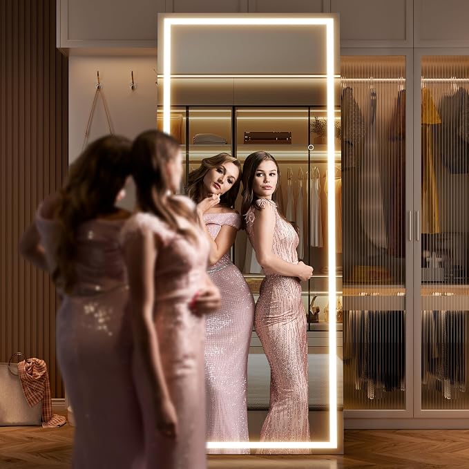 71" x 32" Full Length Mirror with Lights, LED Lighted Floor Standing Body Mirror, Dimmable & 3 Color Lighting for Bedroom, Cloakroom, Dressing Room, Tempered Glass, Black Frame