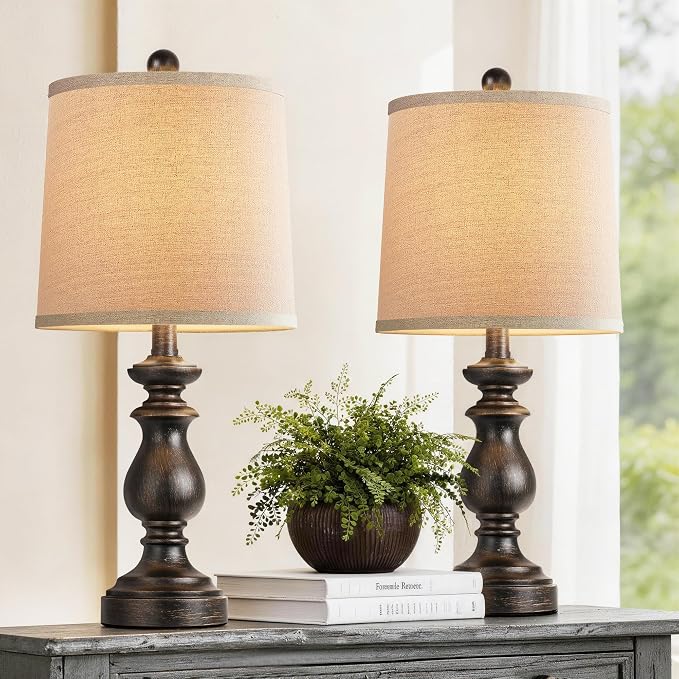 Traditional Table Lamp Set of 2, Rustic Farmhouse Table Lamps for Living Room Bedroom, 22" Bedside Desk Lamps Vintage Nightstand Lamps with Linen Shades, Oil Rubbed Bronze