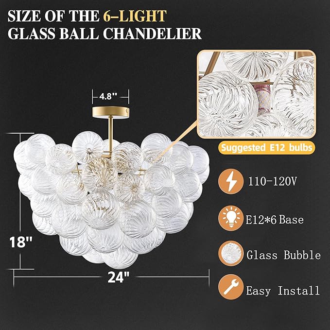 Semi Flush Mount Bubble Ball Chandelier Lighting 24 Inches Gold Clear Ribbed Blown Glass Chandeliers Ceiling Light Fixture for Bedroom, Living Room, Entry, Bathroom