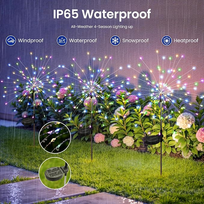 6Pack Solar Lights Outdoor, Multicolor Firework Lights | 120LED Fireworks Lights Solar Powered, Waterproof Fairy Garden Lights Decor Outside for Yard Pathway Lawn Patio