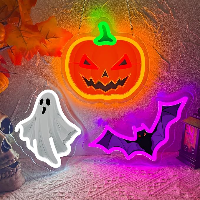 3Pcs Halloween Neon Signs Set Dimmable Pumpkin Ghost Bat Led Neon Light | USB Powered UV-Printed Spooky Neon Light Up Sign for Game Room Wall Halloween Party Presents Holiday Home Decorations