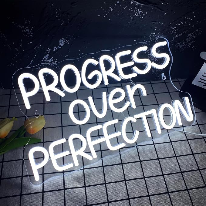 Progress Over Perfection Neon Sign, LED Dimmable Inspirational Classroom Positive Neon Sign, USB Powered for Motivational Classroom Decor Positive Affirmation Mental Office(15.7 * 9 in)
