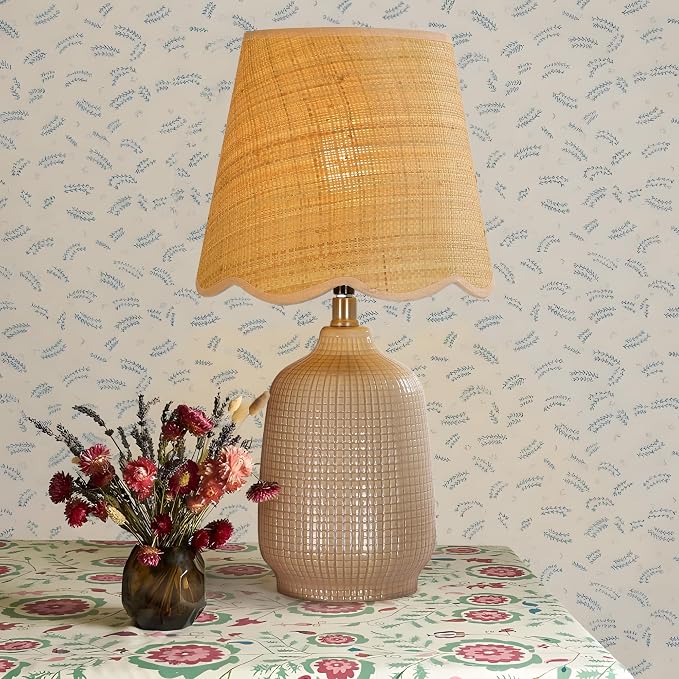 19" Modern Ceramic Table Lamp for Living Room Gray Camel Base Desk Lamps for Bedroom Farmhouse Bedside Nightstand Lamp End Table Lamps,Pink,Rattan Shade
