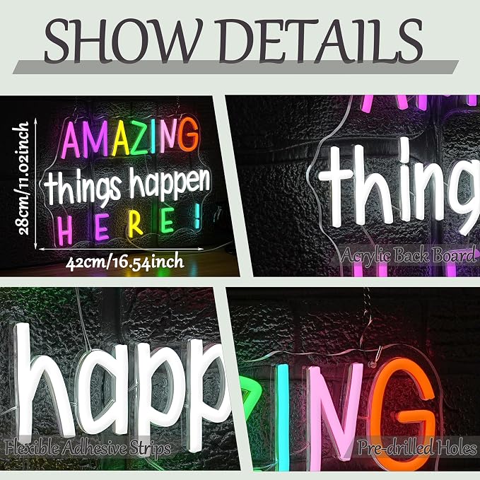 Amazing Things Happen Here Neon Sign Positive Letters Neon Light Sign Dimmable Colorful LED Words Neon Light for Wall Decor Bedroom Party Shop Office Classroom