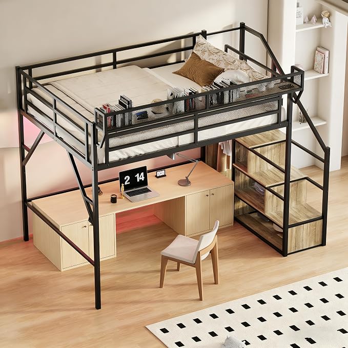 Queen Size Metal Loft Bed with Storage Shelf Built-in USB Port | Heavy Duty Loft Bed with Storage Stairs & Wardrobe+ LED Lights, Large Under-Bed Area, Noise Free, No Box Spring Needed