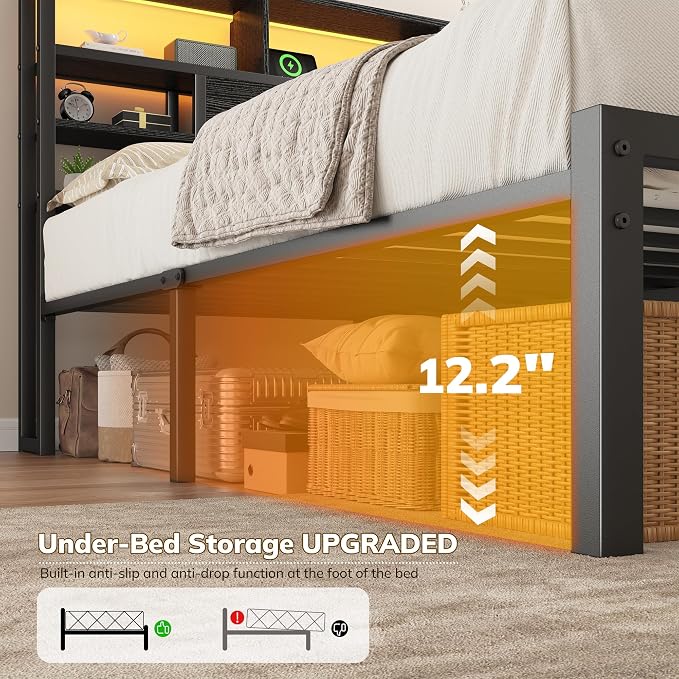 Homkdom Full Bed Frame with Storage Headboard and Charging Station，Black | LED Lights，12.2" Under-Bed Storage，Supports up to 1100 LBS，No Box Spring Needed，Noise-Free,Easy Assembly
