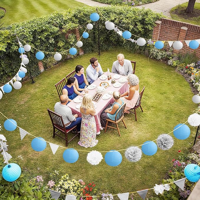 KNONEW 10 Pack White Outdoor Silk Lanterns Decorative, 10inch Waterprooof Outside Indoor Chinese Hanging Round Lanterns for Weddings, Birthdays, Parties Decoration (Blue and White)