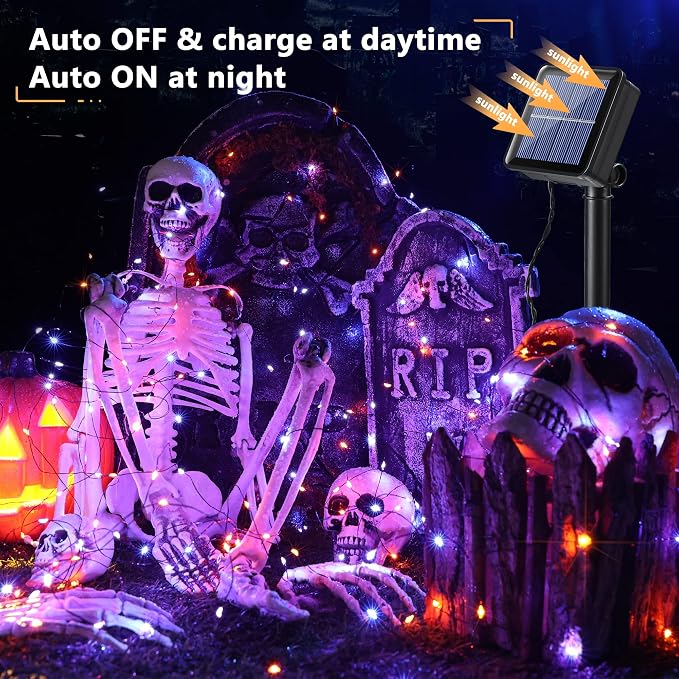 Brizled Outdoor Halloween Lights Orange Purple Solar Halloween Fairy Lights | 2 Pack Total 78FT 240 LED; Black Wire; 8 Modes; Waterproof Spooky Twinkle Lights for Yard Garden Spooky Party Decorations