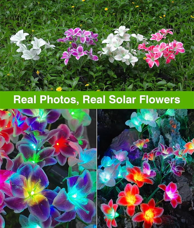 LETMY Solar Garden Lights, 4 Pack Solar Flower Lights with 6 Head Bigger Lily Lights, IP65 Waterproof Solar Lights Outdoor, Decorative Lights for Garden, Patio, Yard, Flower Bed