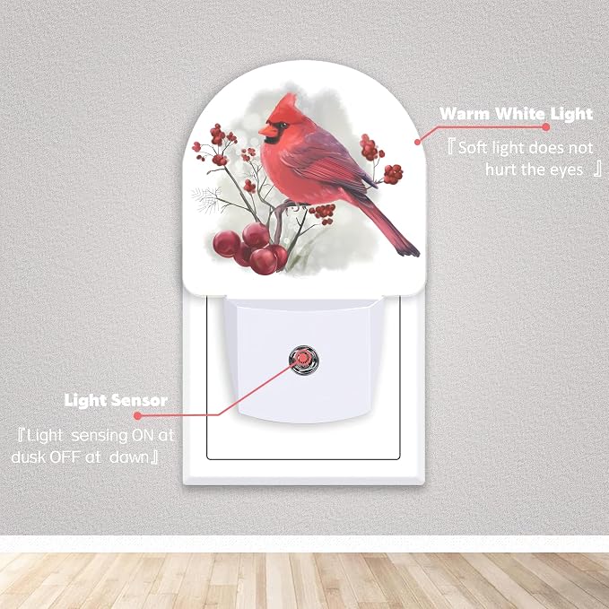 Bird Cardinal Night Lights Plug into Wall for Girls Boys Room,Night Light LED Lamp Dusk to Dawn Sensor Round Lamp for Bedroom Bathroom Hallway Home Wall Decor (Bird Cardinal)