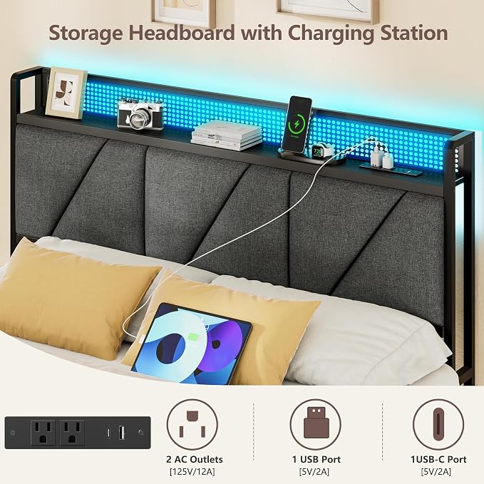 Full Size Bed Frame with 2 Storage Drawers & Upholstered Headboard | Metal Platform Bed with Storage Shelf, Charging Station, LED Lights and Heavy-Duty slats, No Spring Box Needed, Noise-Free