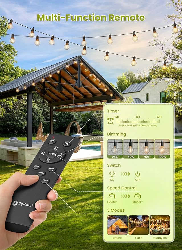 Brightown String Lights Outdoor Waterproof with Remote Cable Ties, 108FT G40 Patio Lights with 50 LED Shatterproof E12 Bulbs, 3 Light Modes, Dimmable Hanging Lights for Backyard Party Decor