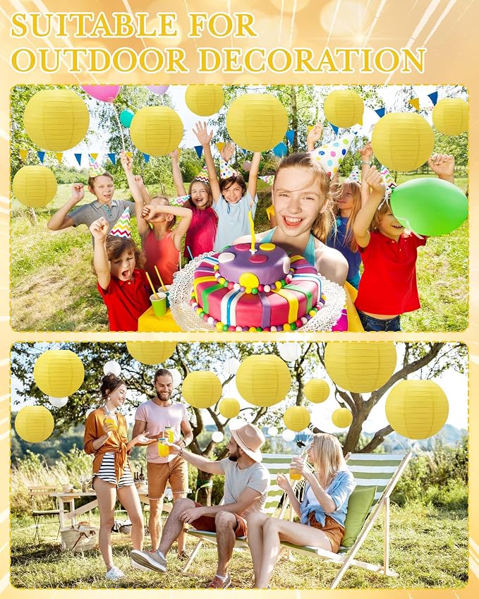 Treela 48 Pcs Paper Lanterns Party Decorations Round,Yellow | Chinese Hanging Lamps, Wedding, Party Supplies, Birthday Bridal, 4/6/8/10 Inch, Easy Setup, Asian Decor, Festive Atmosphere