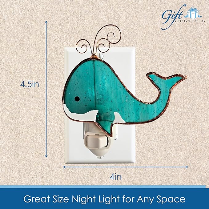 Gift Essentials Blue Whale Plug in Night Light - Stained Glass Nightlight with On/Off Rocker Switch - Includes One 4 Watt Replaceable Incandescent Warm Glow Bulb