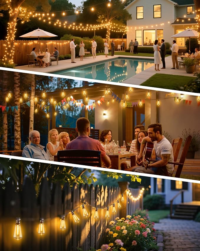 Patio String Lights 50FT LED, IP65 Waterproof ST38 Connectable Dimmable | Shatterproof PET, 27 Bulbs, Energy-Saving LED, for Garden, Backyard, Porch, Deck, Party, Cafe Decor