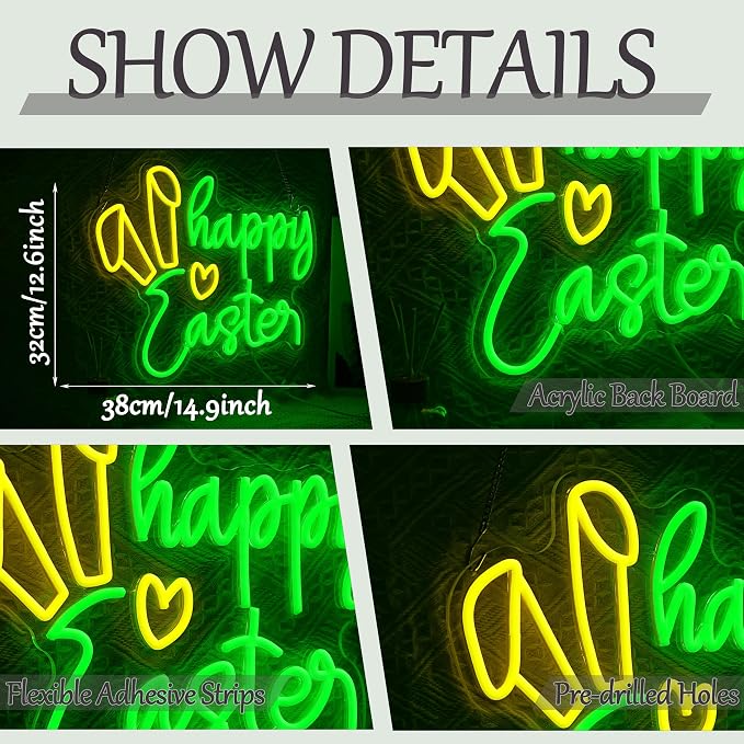 Easter Rabbit Ears Neon Sign Happy Easter LED Neon Light USB Powered Bunny Rabbit Light Up Sign for Wall Decor Bar Party Bedroom Shop Pub