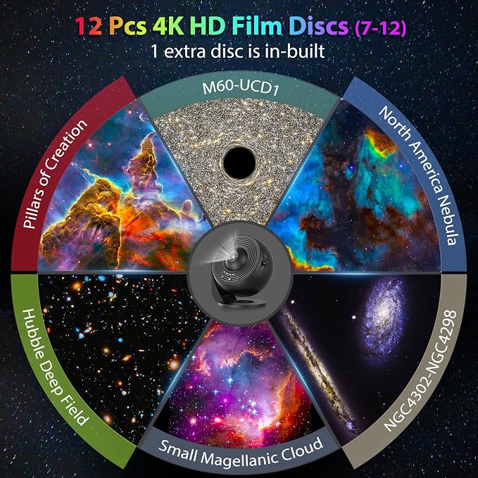 Galaxy Projector for Bedroom, HD Image Star Projector Galaxy Light Adjustable Knob, 13 Film Discs Planetarium Projector for Kids, 360° Rotating 1/2h Timer Simple 3-Button Control Deep Black