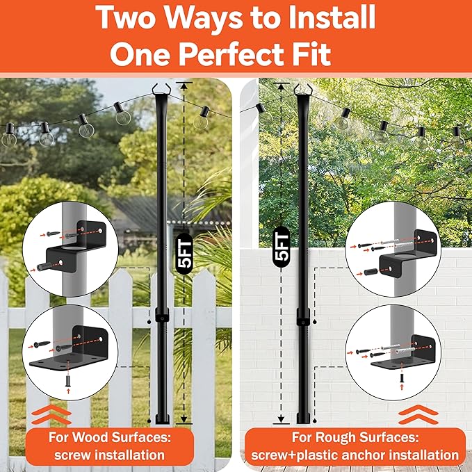 6 Pack String Light Poles, 5 Ft Light Poles for Outside, Thickened Metal Poles for Outdoor String Lights, Light Pole for Patio Deck Garden Backyard Wedding Party Decor